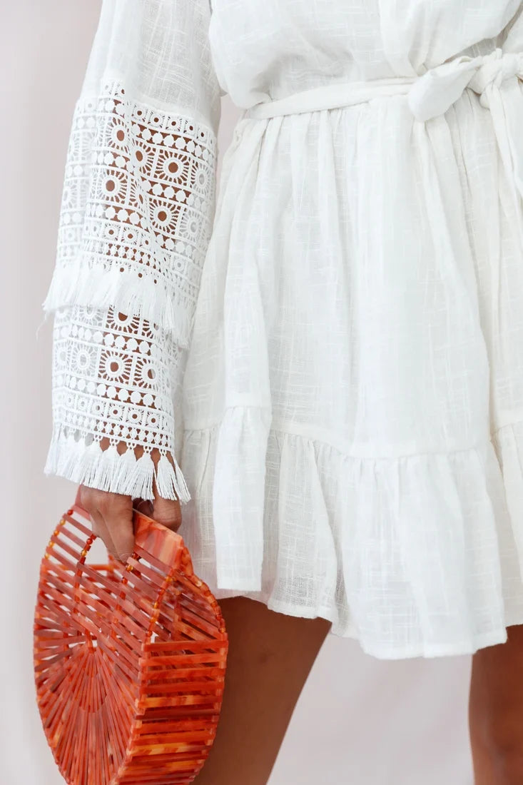 Mona Off-Shoulder Embellished Sleeve Dress White