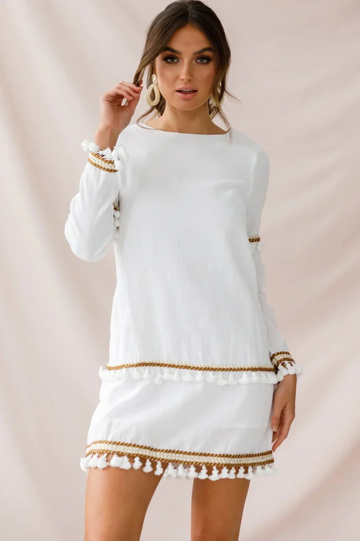 Leticia Tassel Trim Shift Dress White