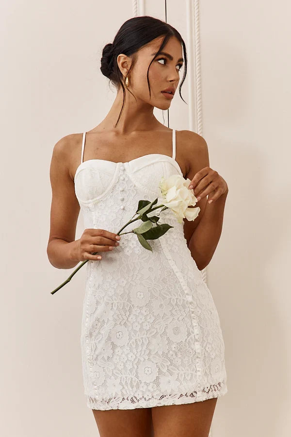 Take A Risk Lace Satin Trim Mini Dress White