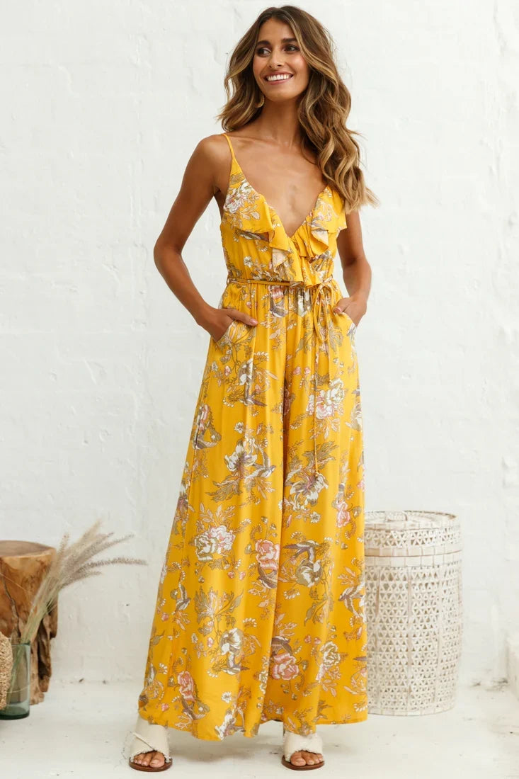 Melita Ruffle V-Neckline Jumpsuit Mustard Print