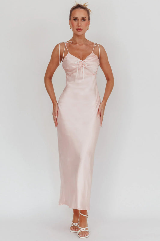 Slow Burn Tied Shoulders Satin Maxi Dress Pink