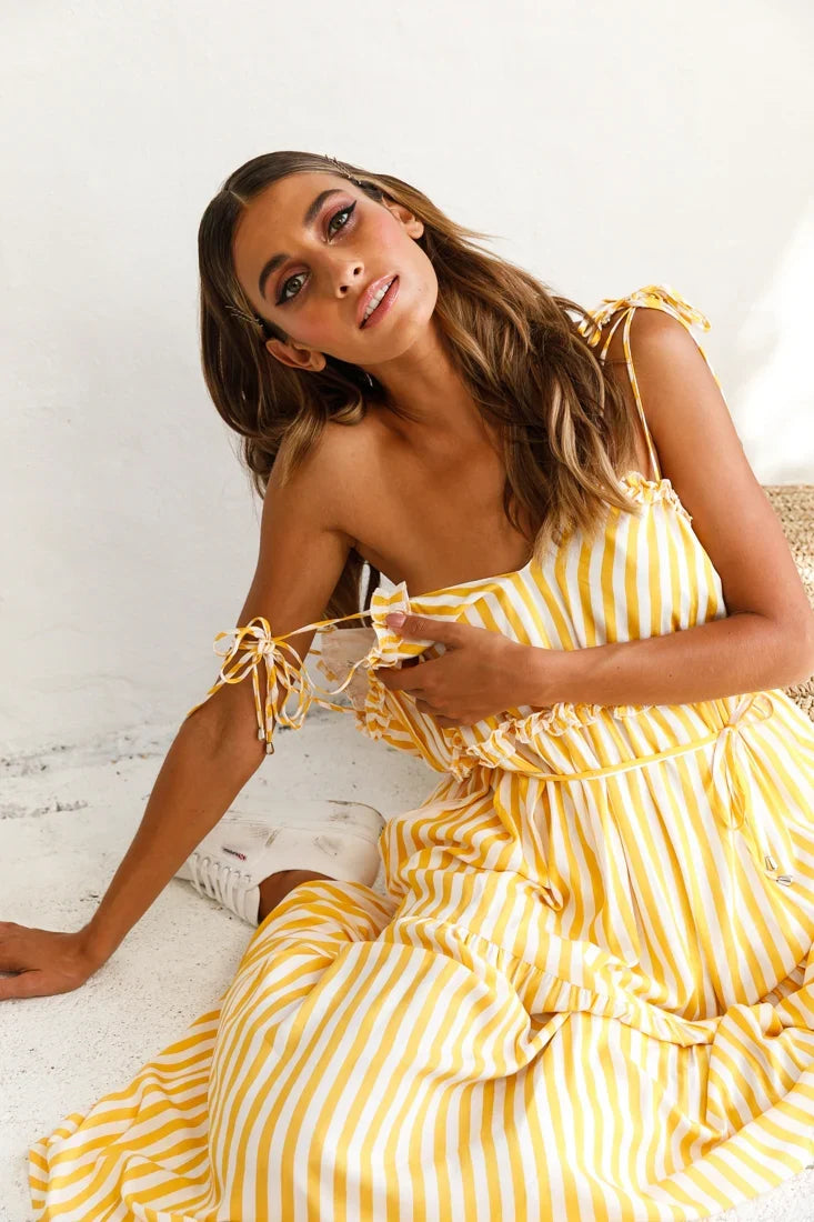 Santa Monica String Tie Maxi Dress Stripe Print Mustard
