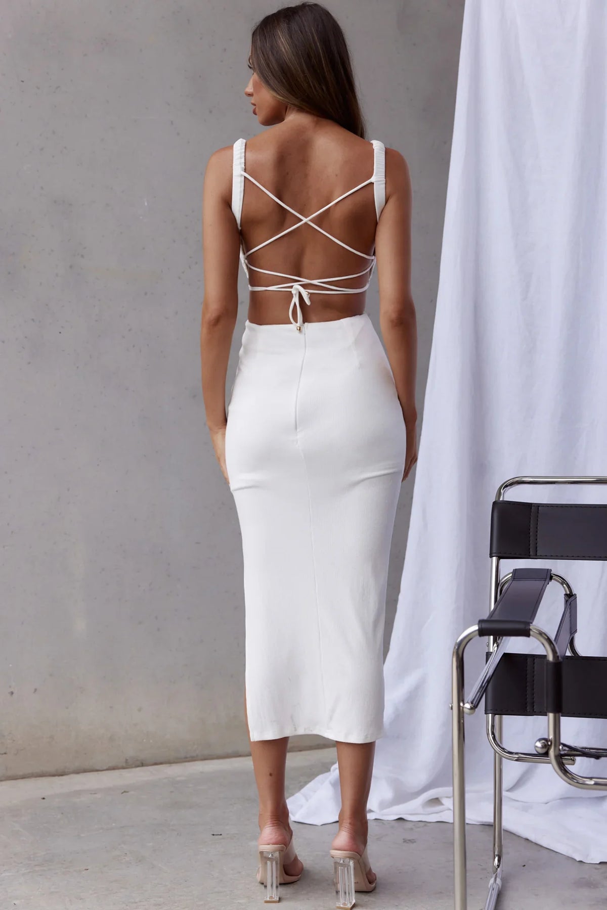 Dream Crush Lace-Up Back Side Split Midi Dress White