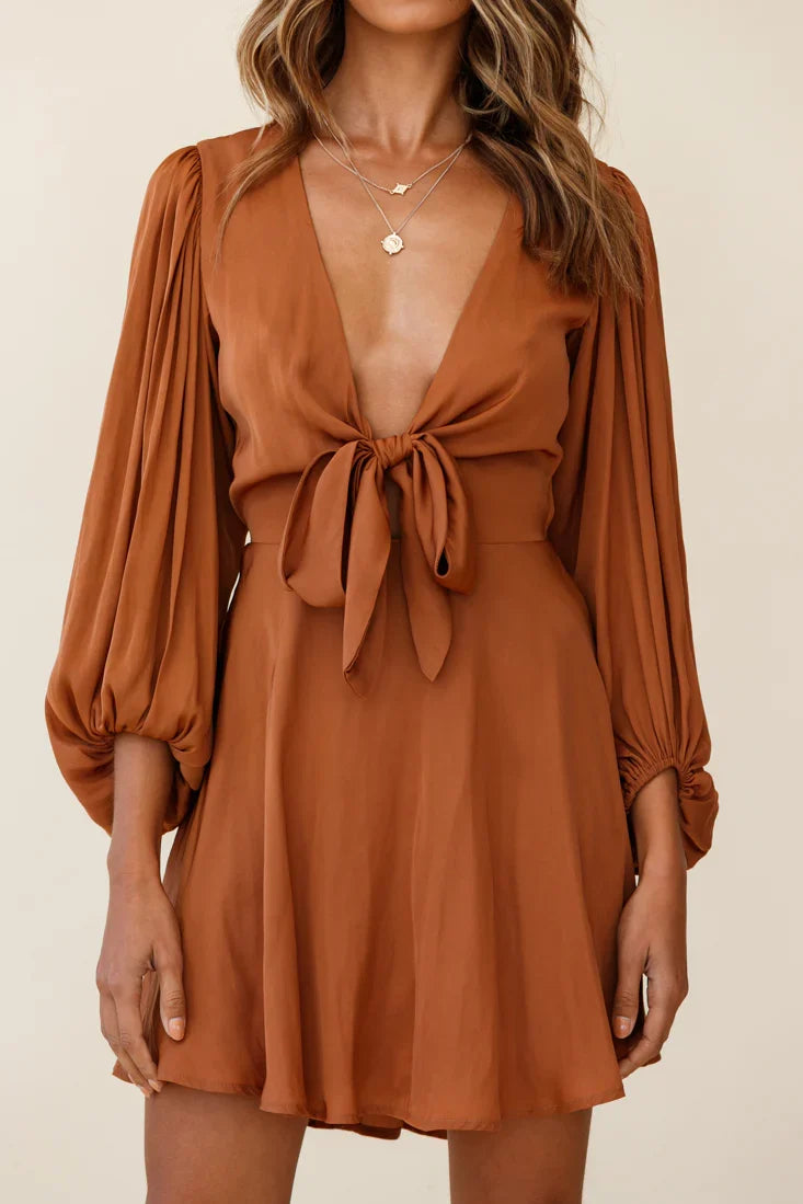Madison Bow Tie Bust Balloon Sleeve Dress Tan