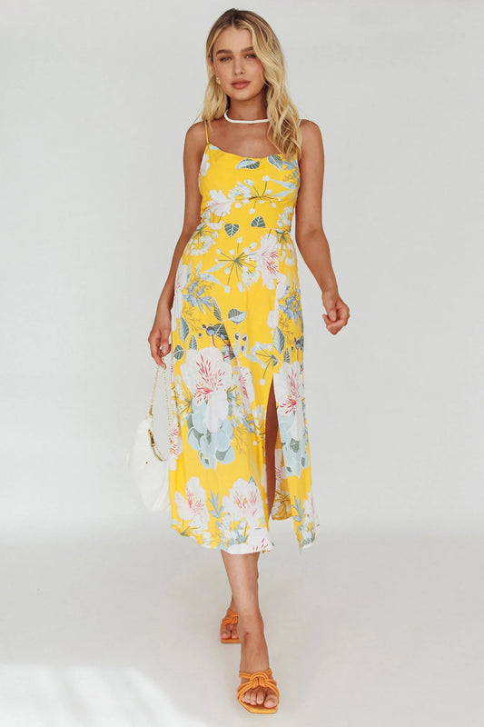 Suki Front Split Midi Dress Lily Mustard