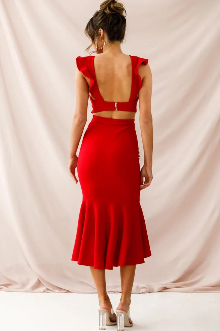 Jackie Wide Ruffle Hem Pinafore Midi Dress Red