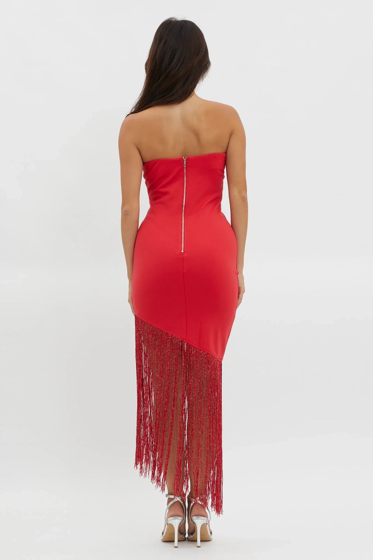Glitz Asymmetrical Fringe Hem Dress Red