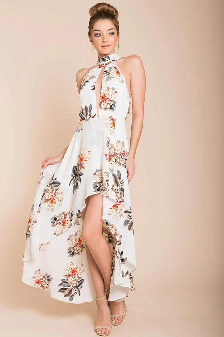 Natalee Floral High to Low Dress White