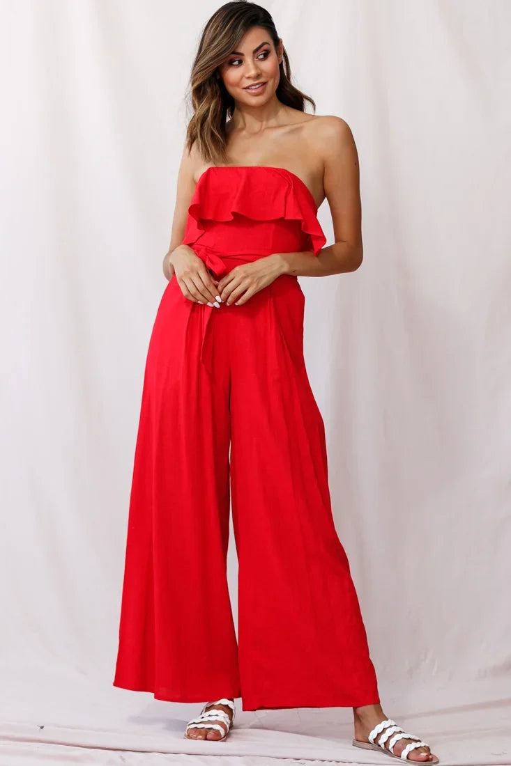 Hamilton Bandeau Ruffle Wide Leg Jumpsuit Red