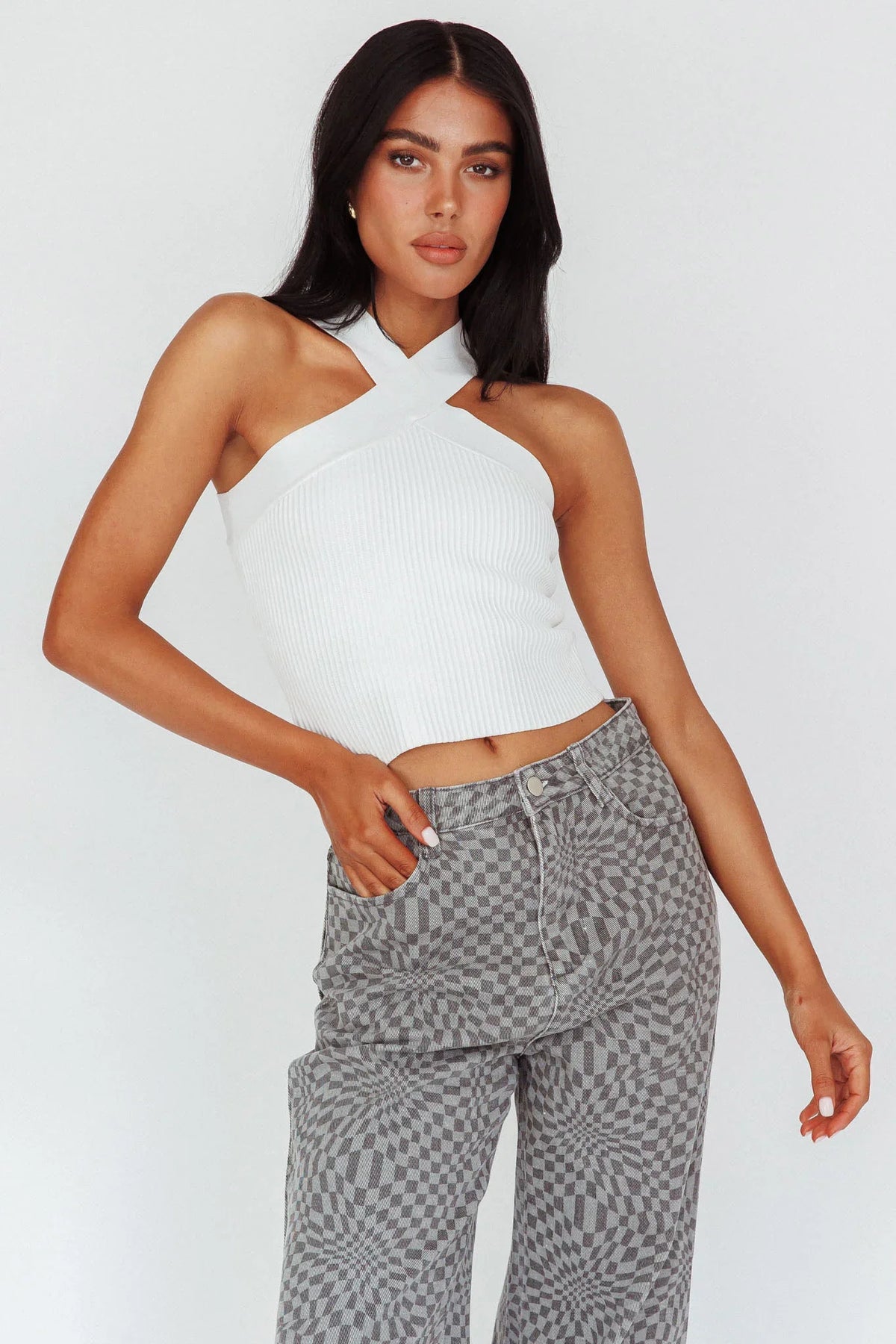 Kansas Crossover Neck Knit Top White