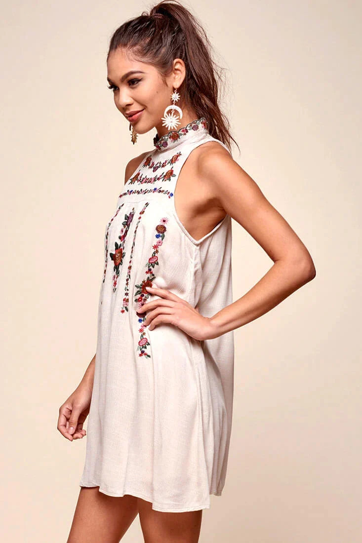 Shonda Floral Embroidered Detail Mid-Length Dress Beige