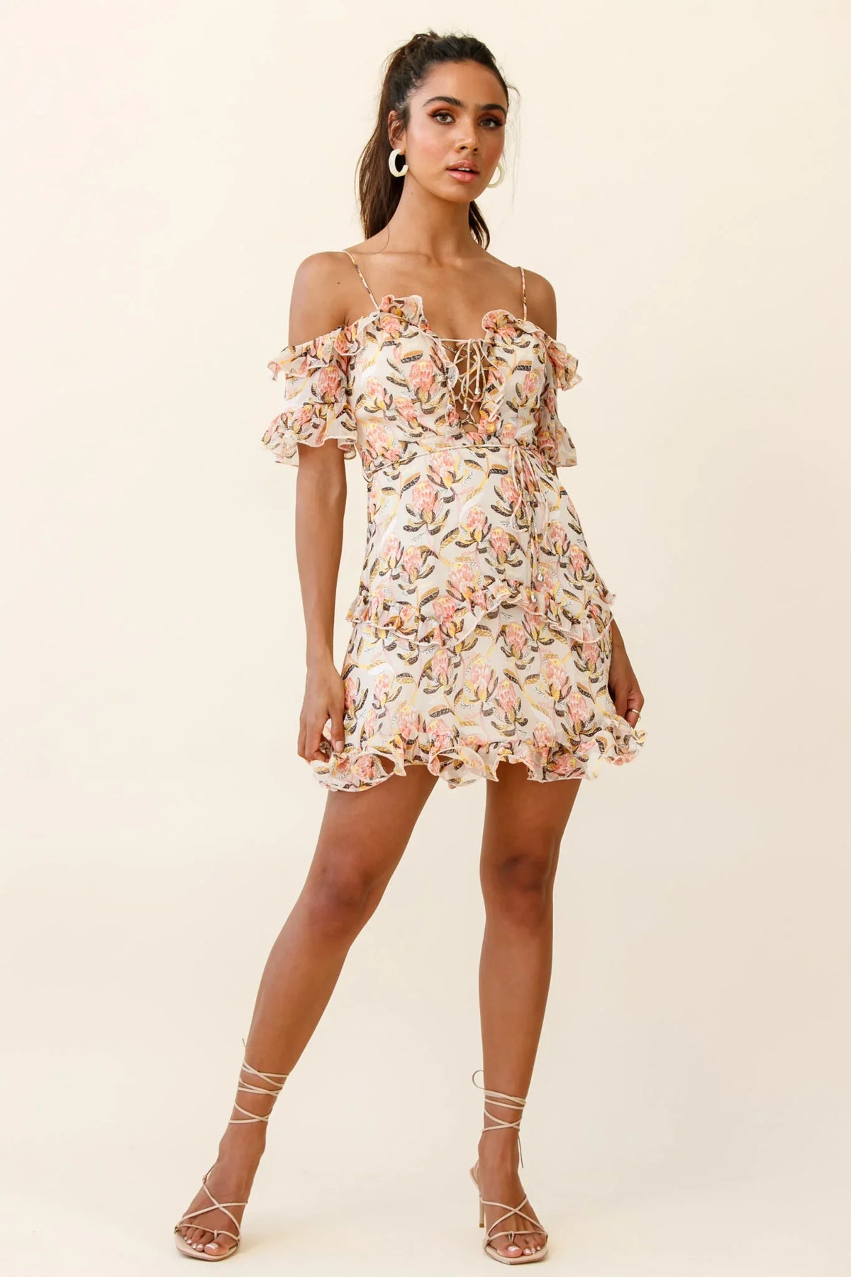 Maranda Bardot Lace-Up Bust Dress Banksia Print Dress Nude