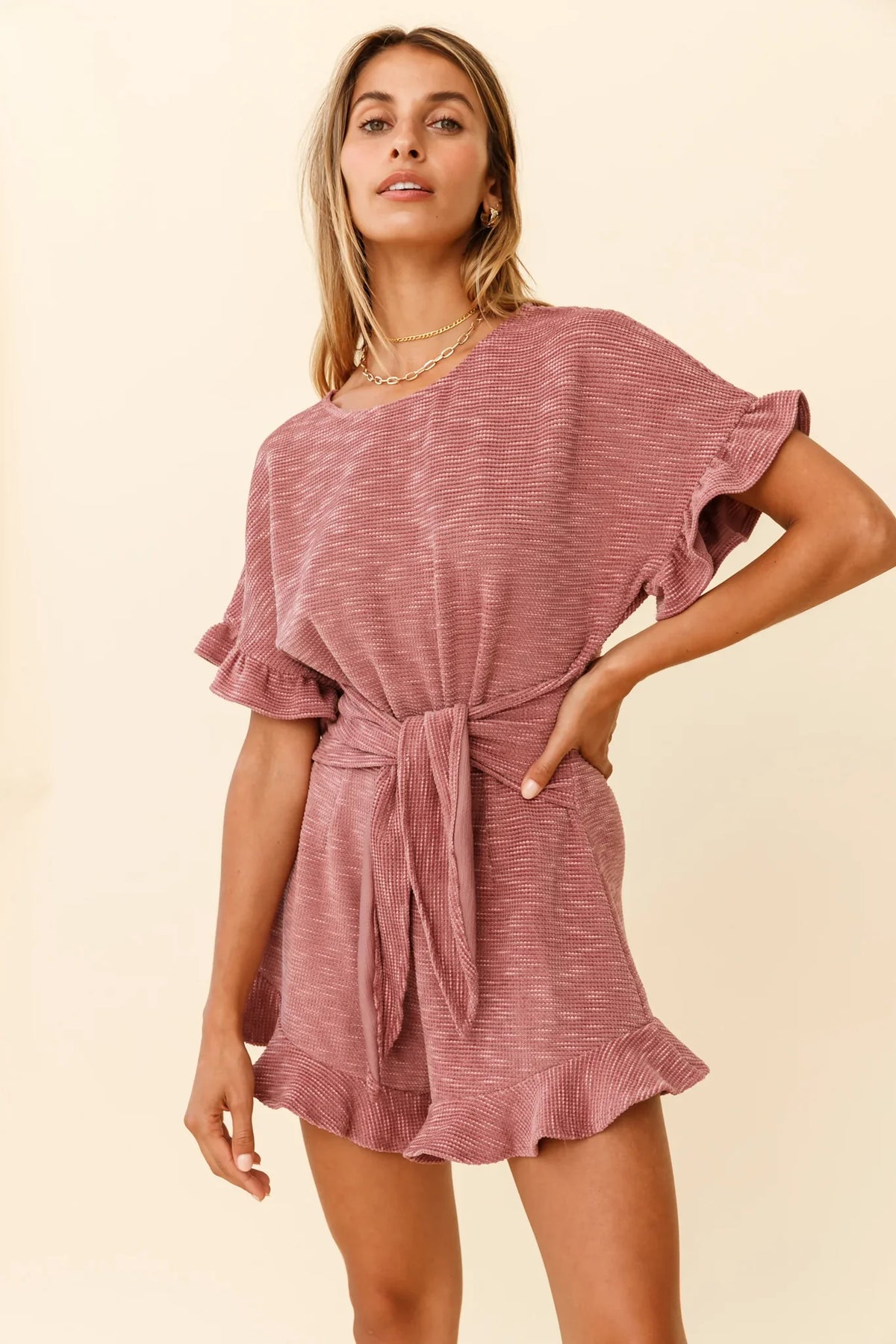 Feelin' Blessed Waist-Tie Frill Trim Romper Mauve