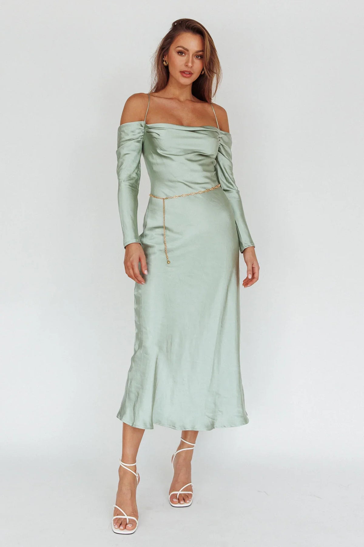 Ellory Long Sleeve Off-Shoulder Dress Sage