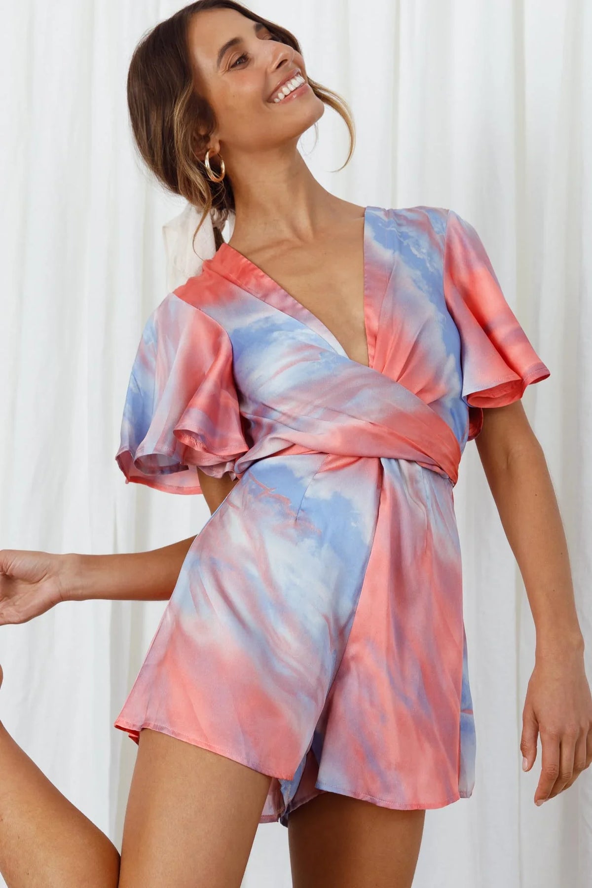 Unconditional Plunging Wrap Style Romper Marbled Tie Dye Red/Purple