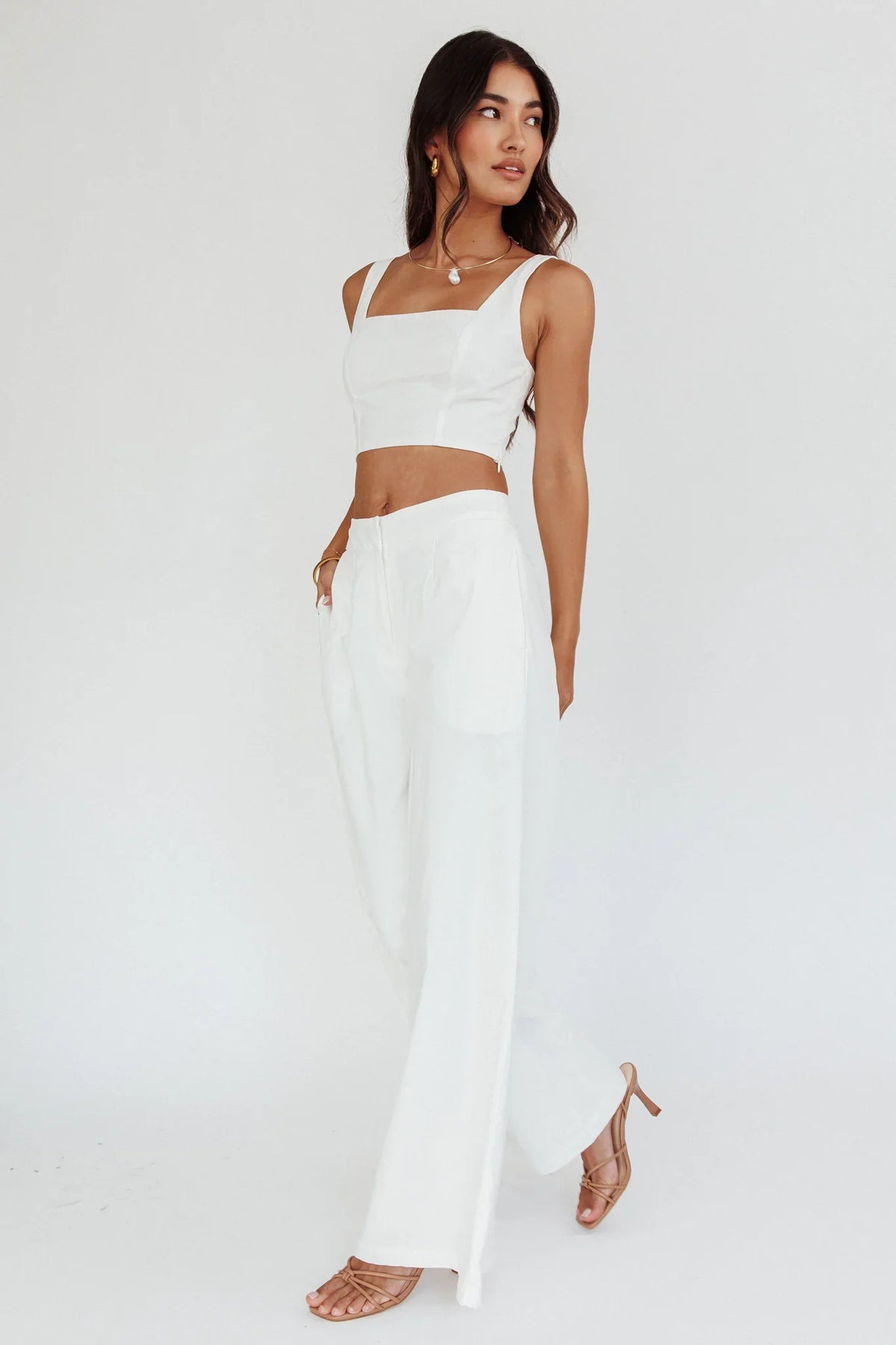Empire Wide-Leg Side Pocket Pants White