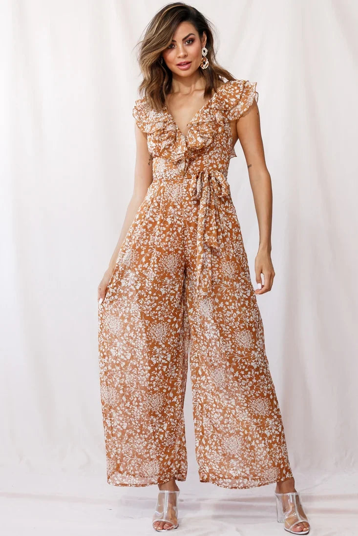 Marcia Ruffle Strap Wide Leg Jumpsuit Tan