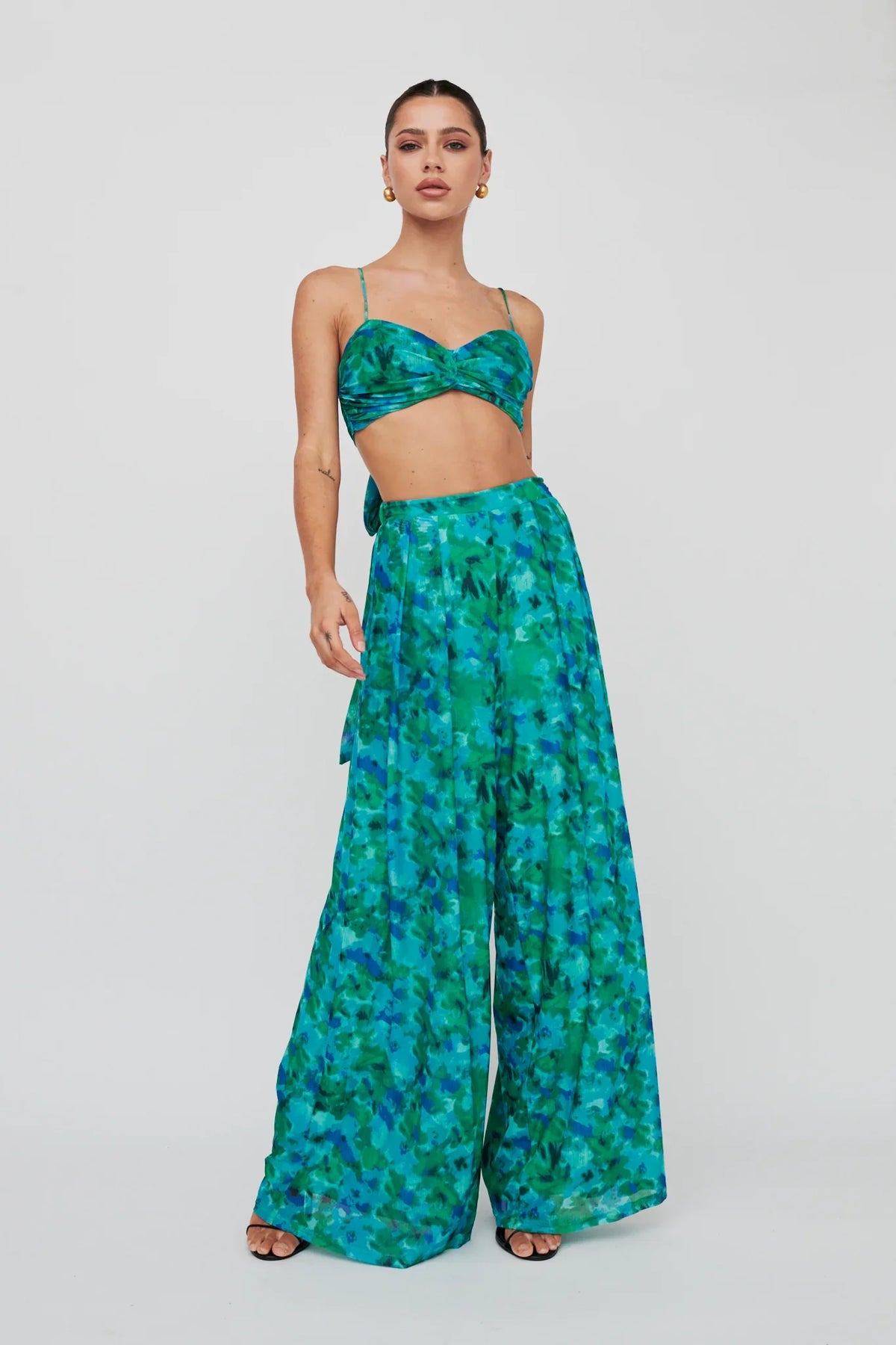 Tammi Tied Back Crop Top Floral Green