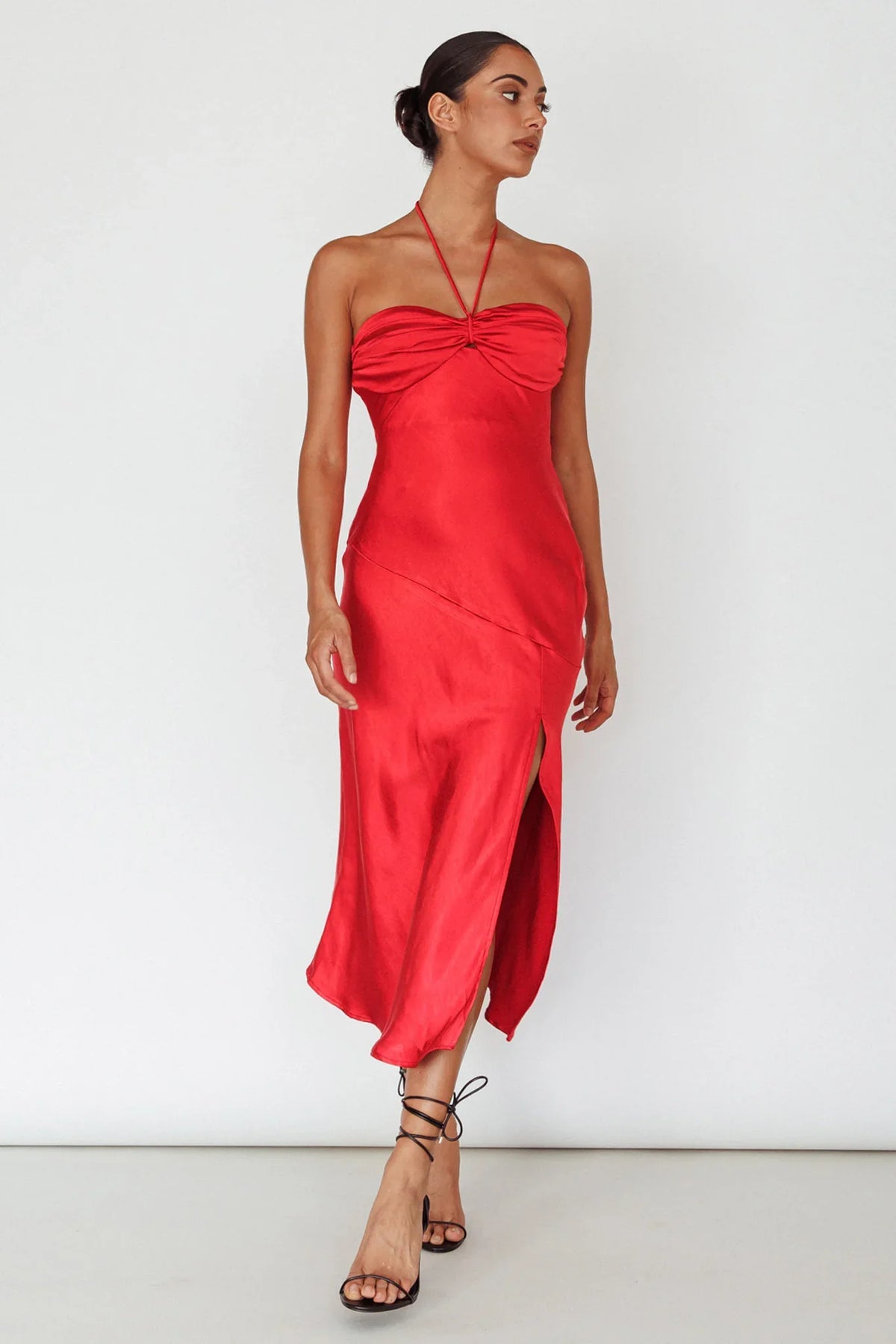 Kindred Spirit Strapless Gathered Bust Midi Dress Red
