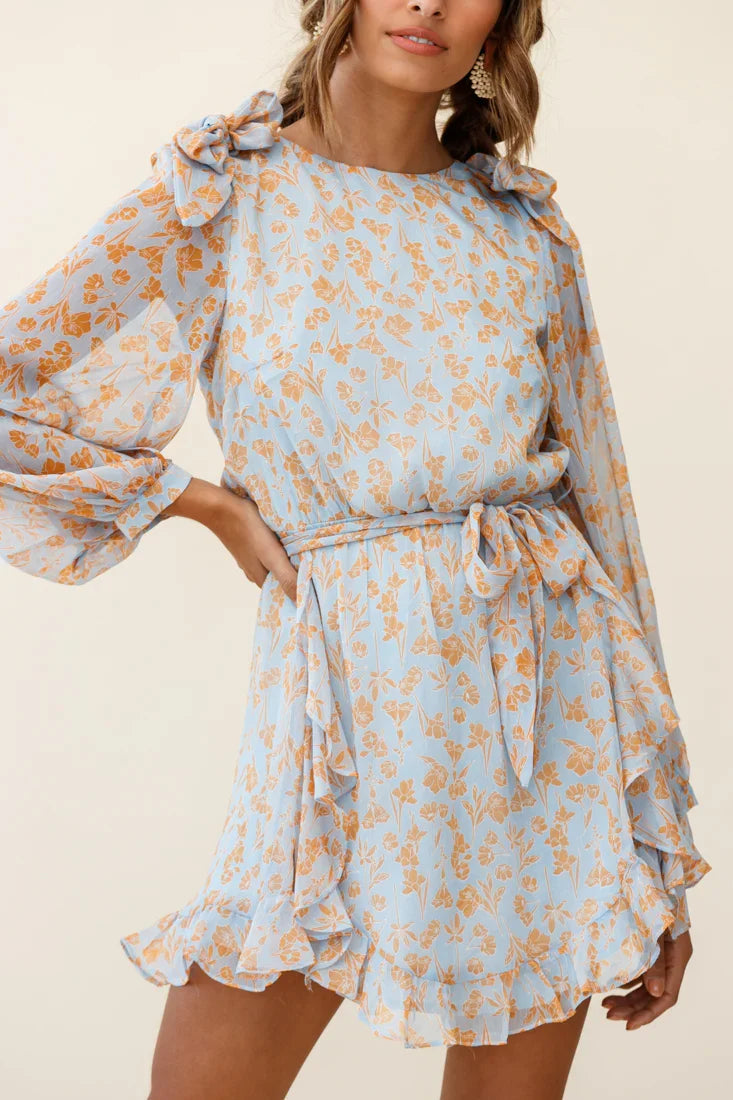 Leigh Long Sleeve Waist Tie Dress Floral Print Blue/Orange