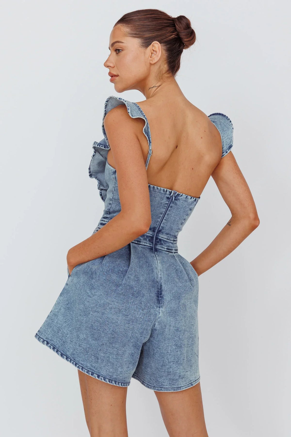 Nola Flared Ruffle Romper Denim
