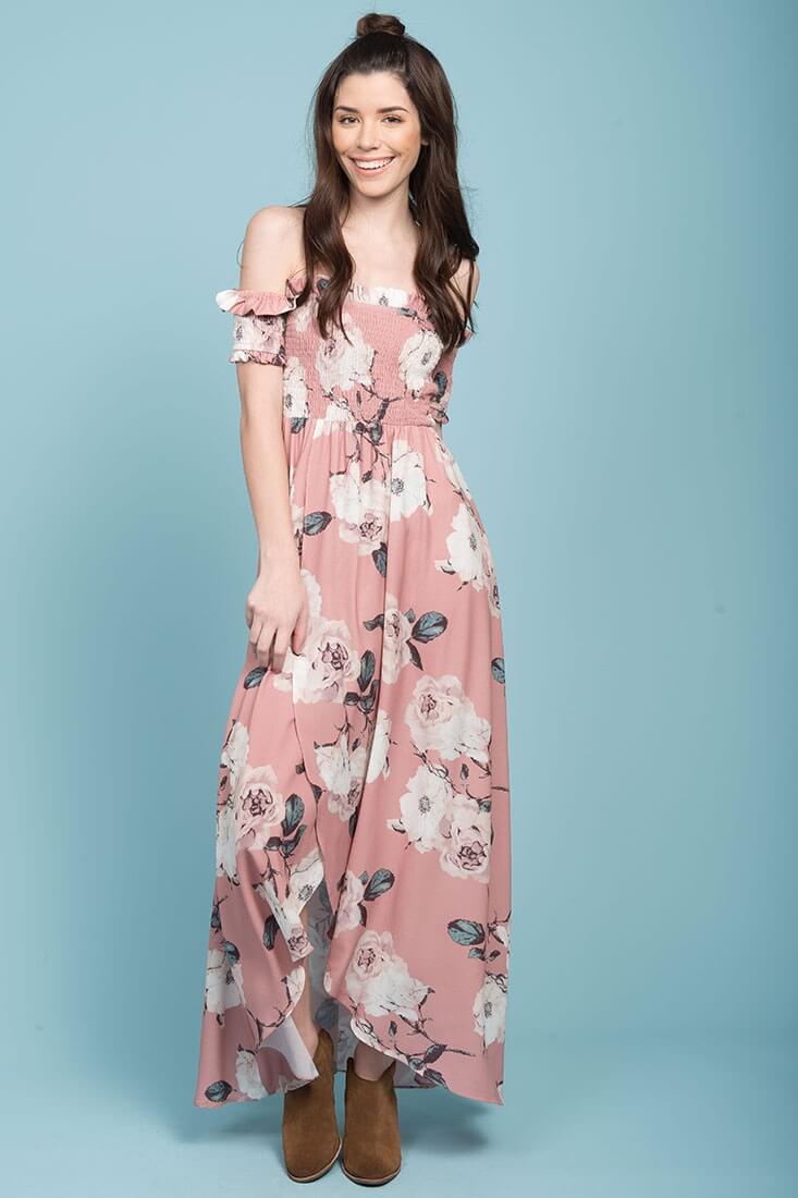 Londyn Floral Print Ruffled Sleeve Maxi Dress Pink
