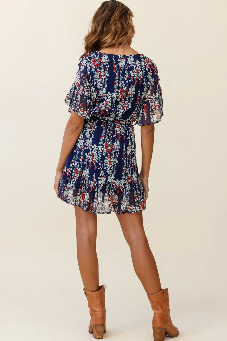 Azealia Ruffle Hem Dress Floral Print Navy