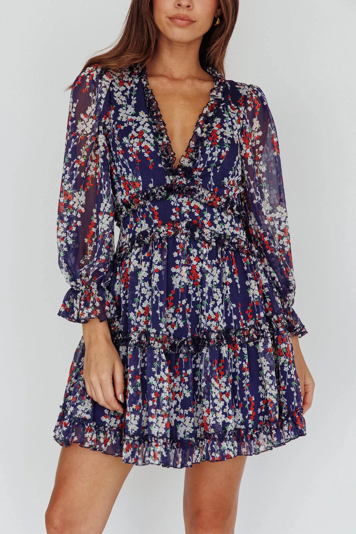 Laney Cutout Back Ruffle Detail Floral Dress Navy