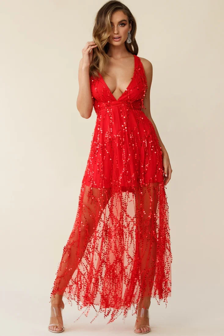 Tiara Sequin Maxi Dress Red