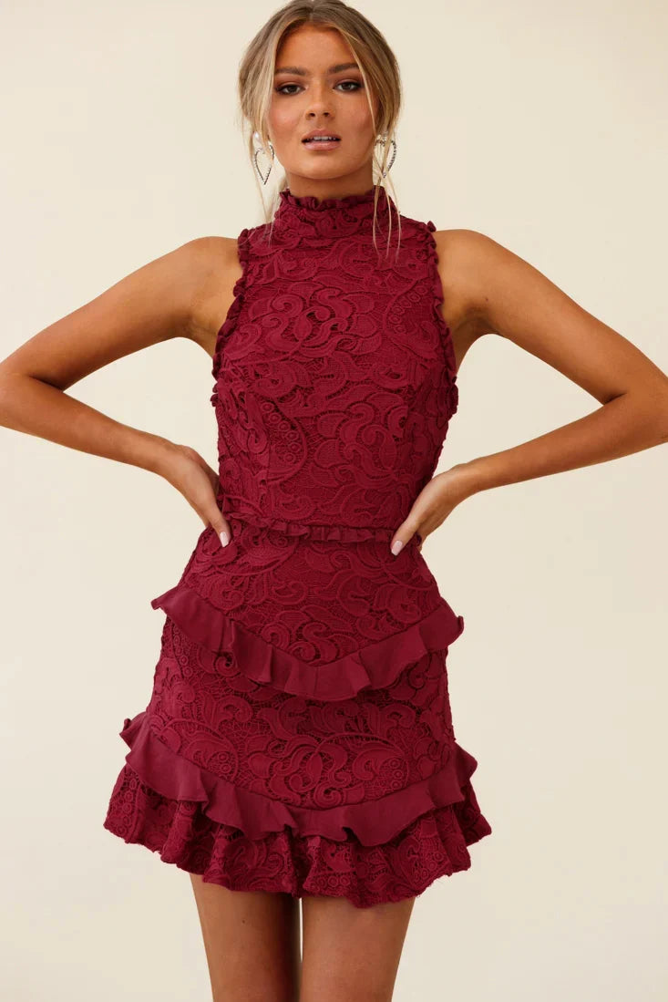 Osiris Sleeveless High Neck Lace Dress Wine