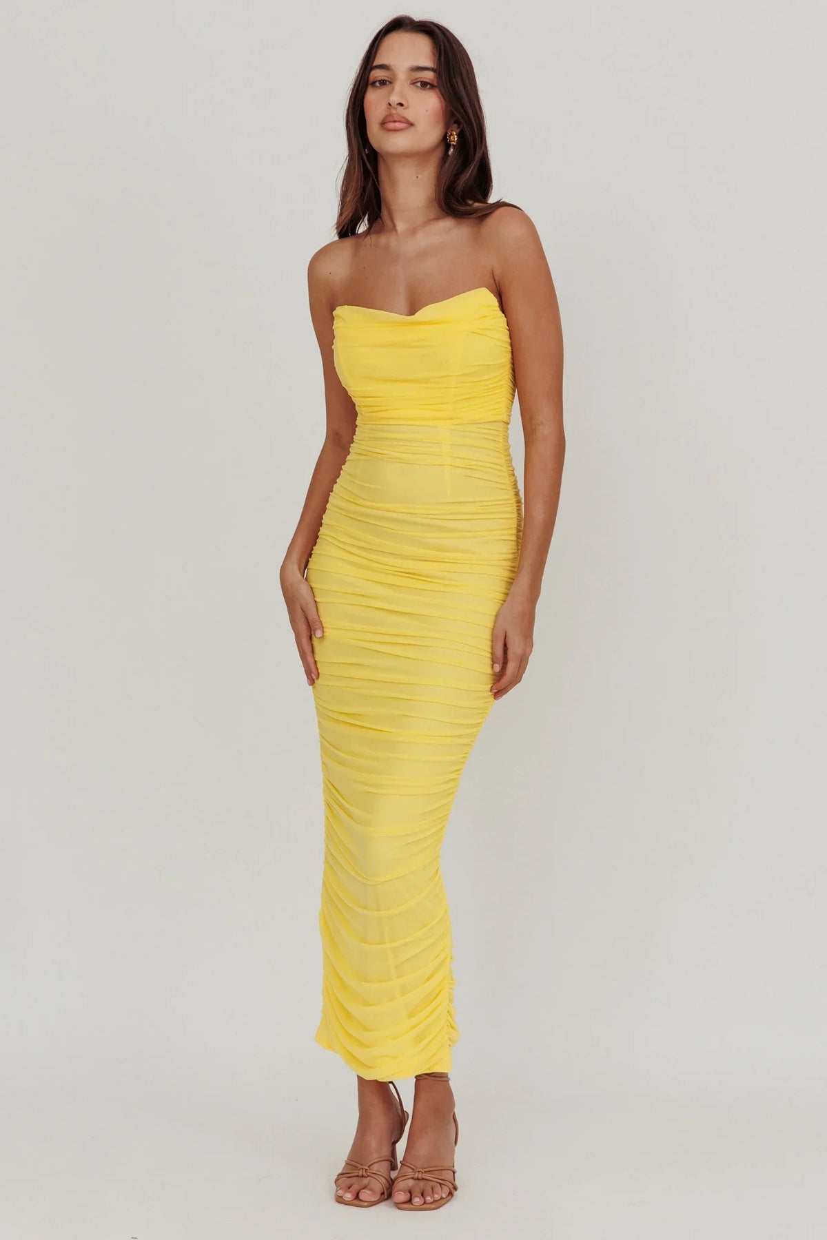 Midwest Strapless Gathered Mesh Maxi Dress Lemon
