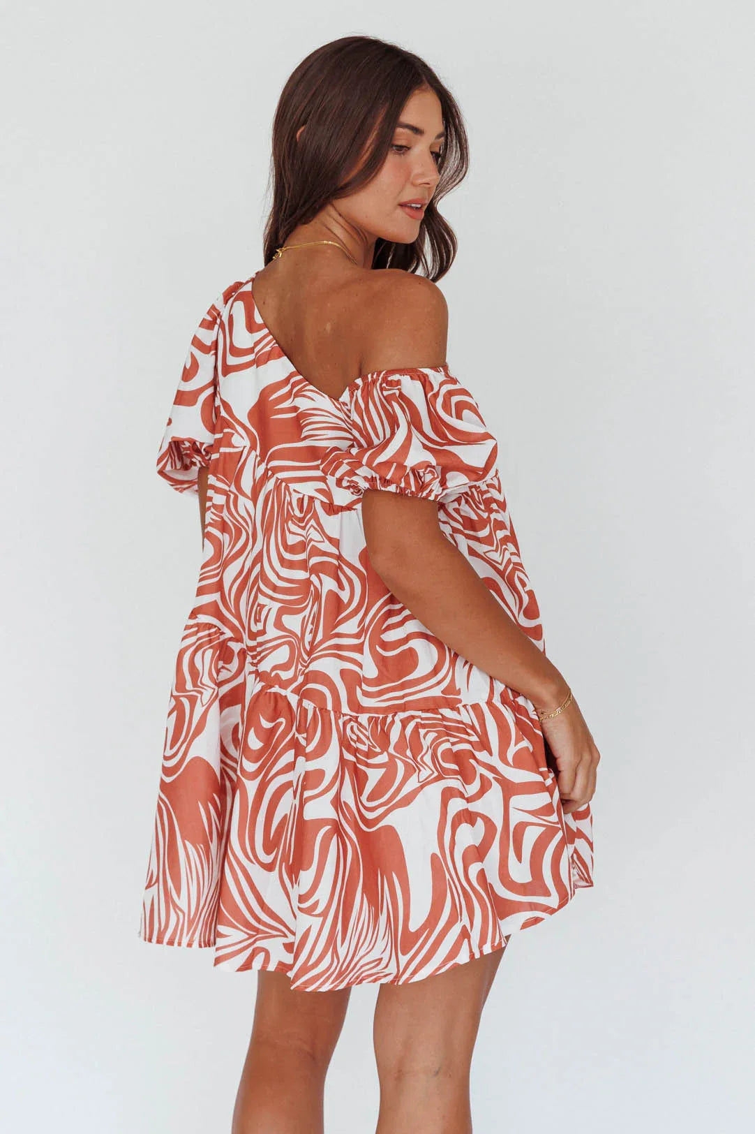 Villa Puff Sleeve One-Shoulder Dress Terracotta