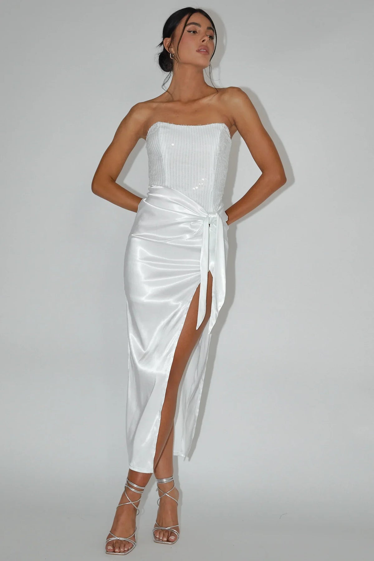 Yadira Sequin Bodice Satin Midi Dress White