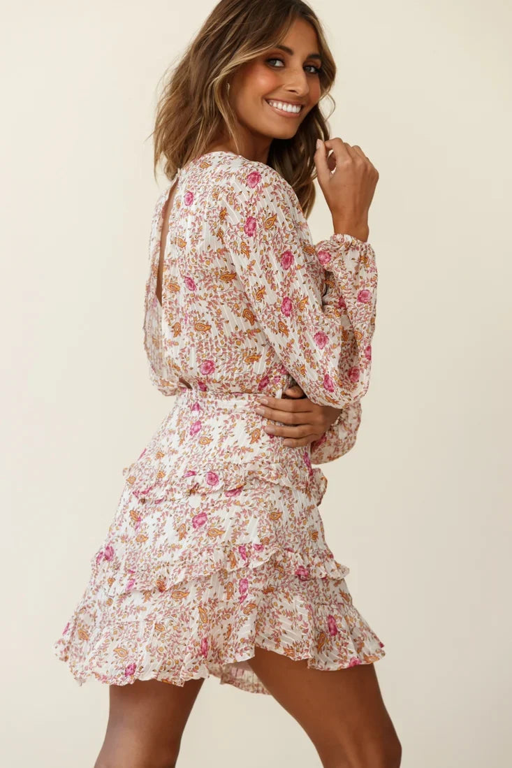 Dusk Long Sleeve Waist Tie Frill Dress Floral Print Beige