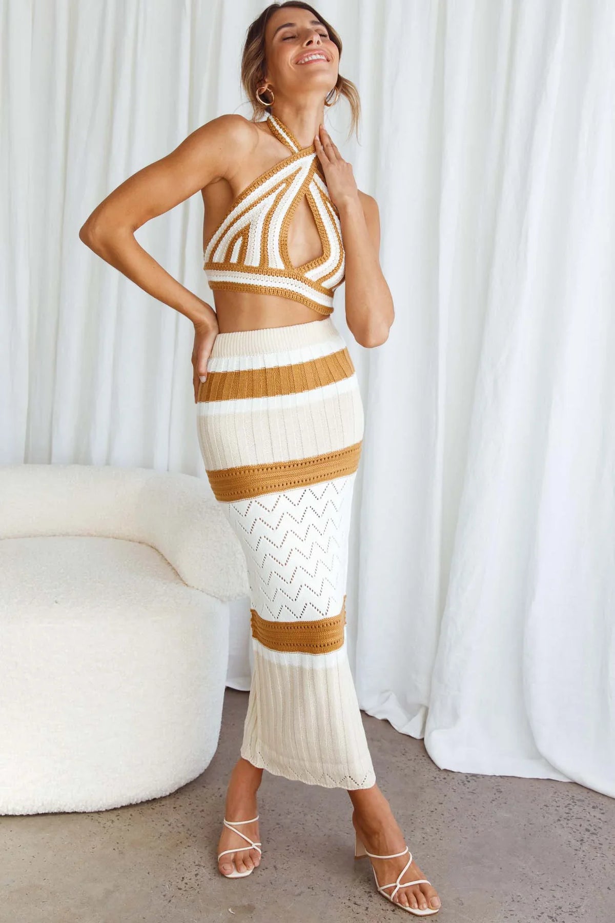 Higher Love Knit Halterneck Crop Top Striped Camel