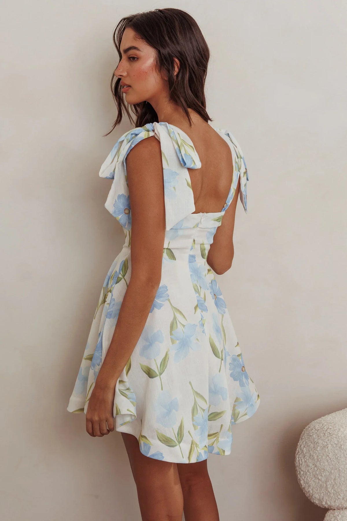 Jeanie Tied Shoulder Mini Dress Flower Blue