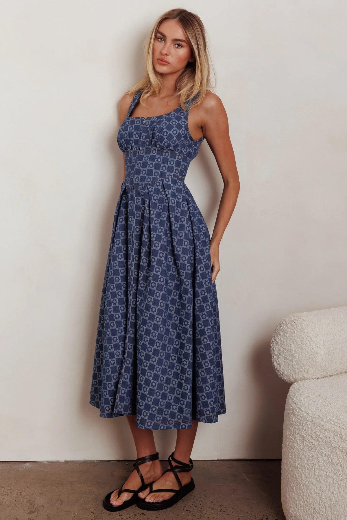 Hair Down Square Neck A-Line Midi Dress Floral Denim