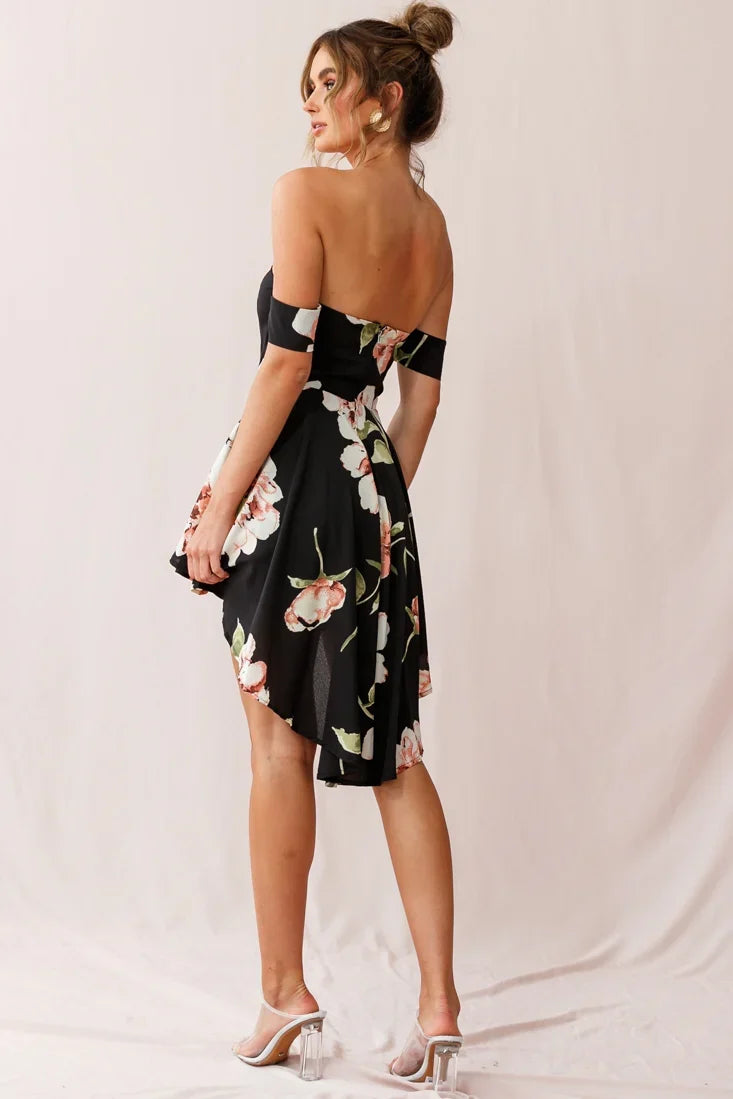 Jessa Off the Shoulder High Low Floral Romper Black