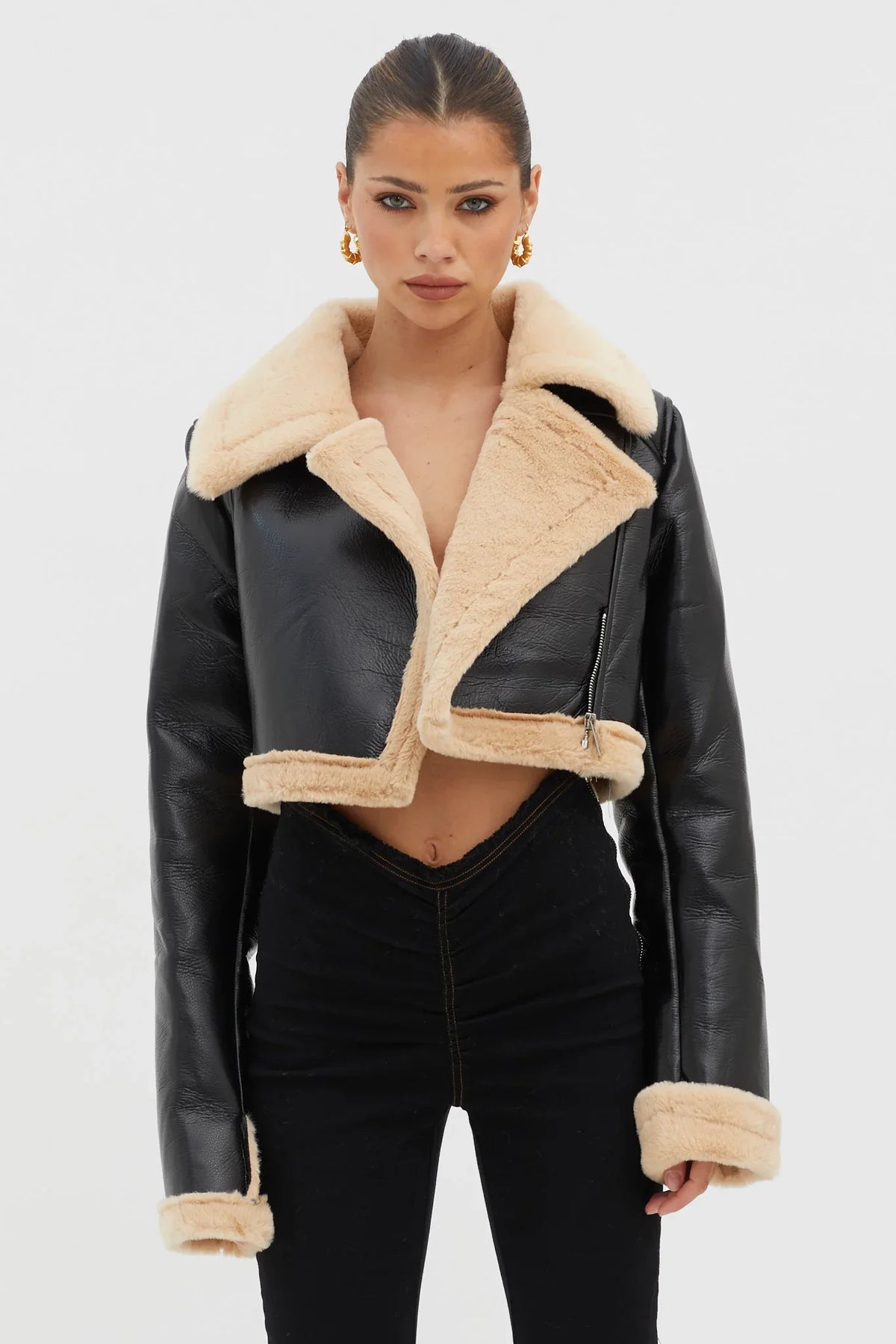 High Altitude Faux Fur Biker Jacket Black/Taupe