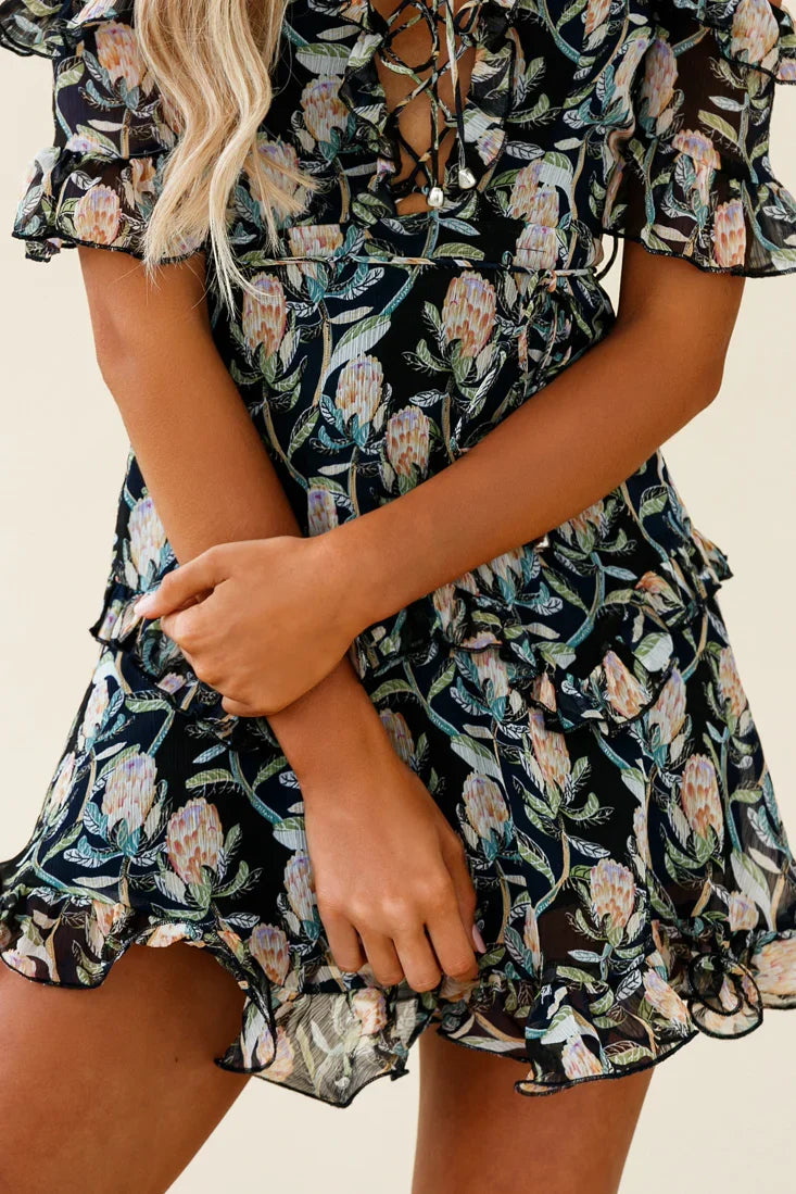 Maranda Bardot Lace-Up Bust Dress Banksia Print Navy