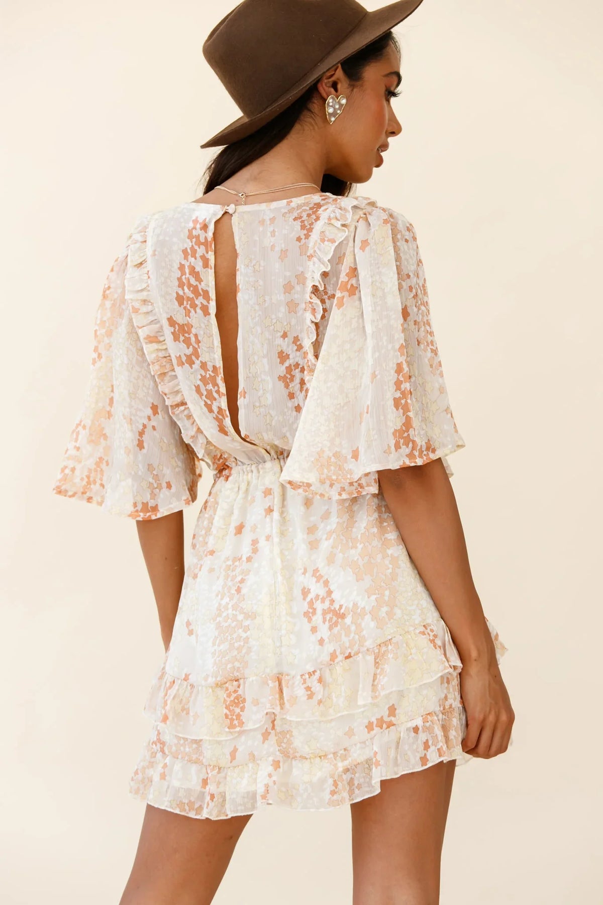 Stars Aligned Angel Sleeve Drawstring Waist Dress Star Print Orange