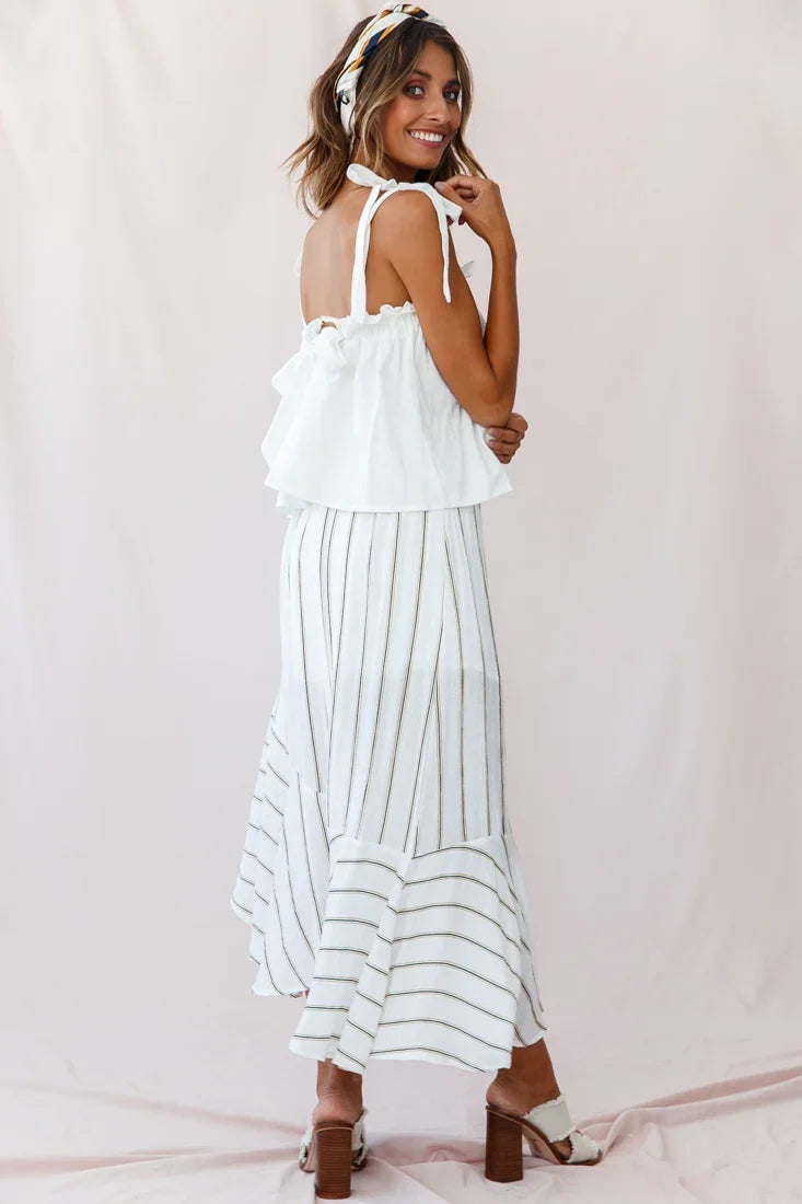 Friday Front Split Maxi Skirt Stripe Print Mustard/Navy