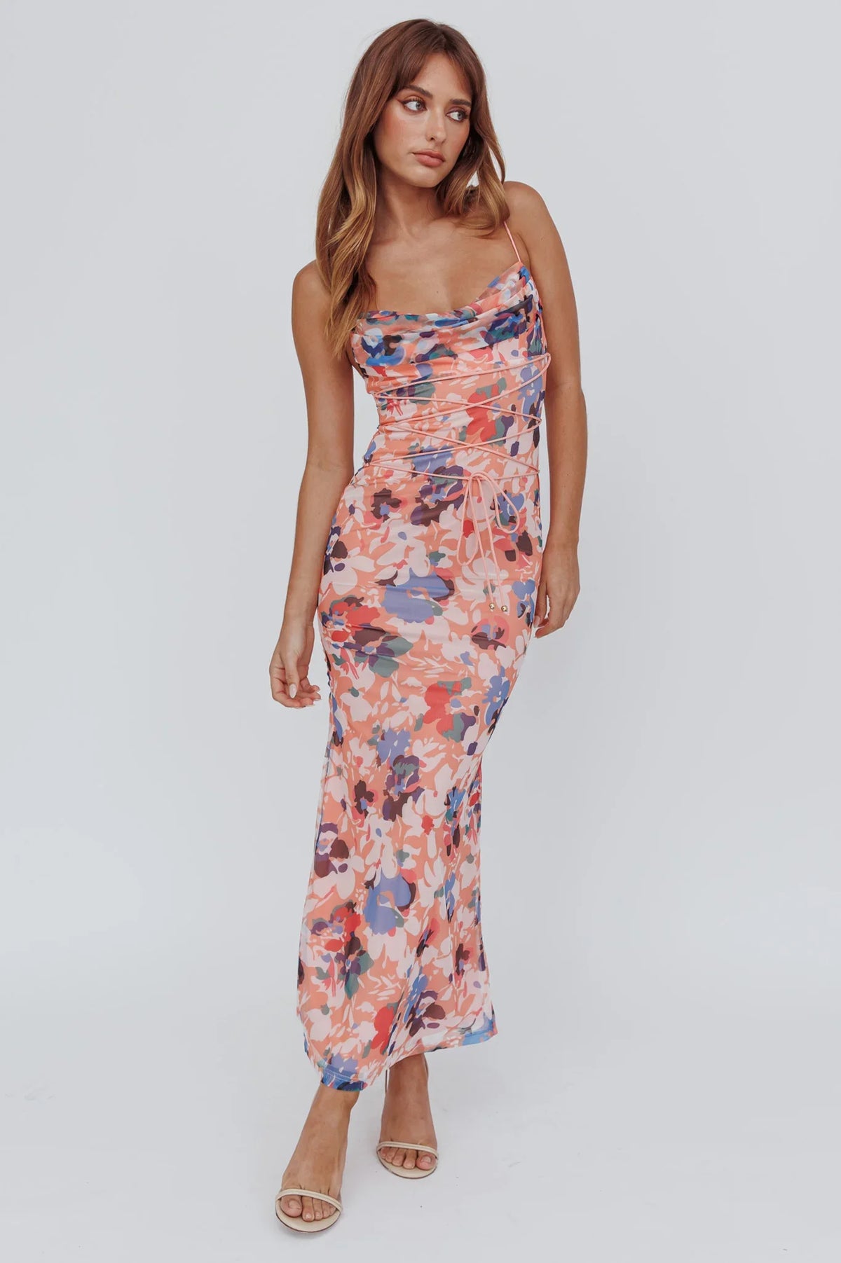 Teava Laced Waist Maxi Dress Flowers Orange