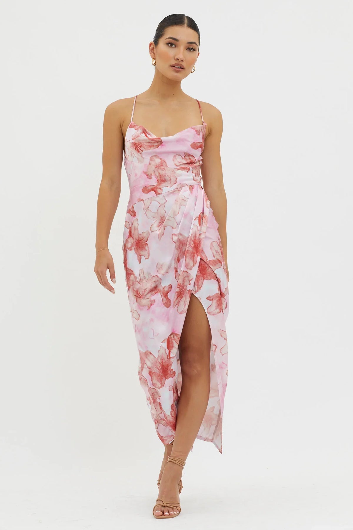 Erryn Tied Back Split Midi Dress Pink