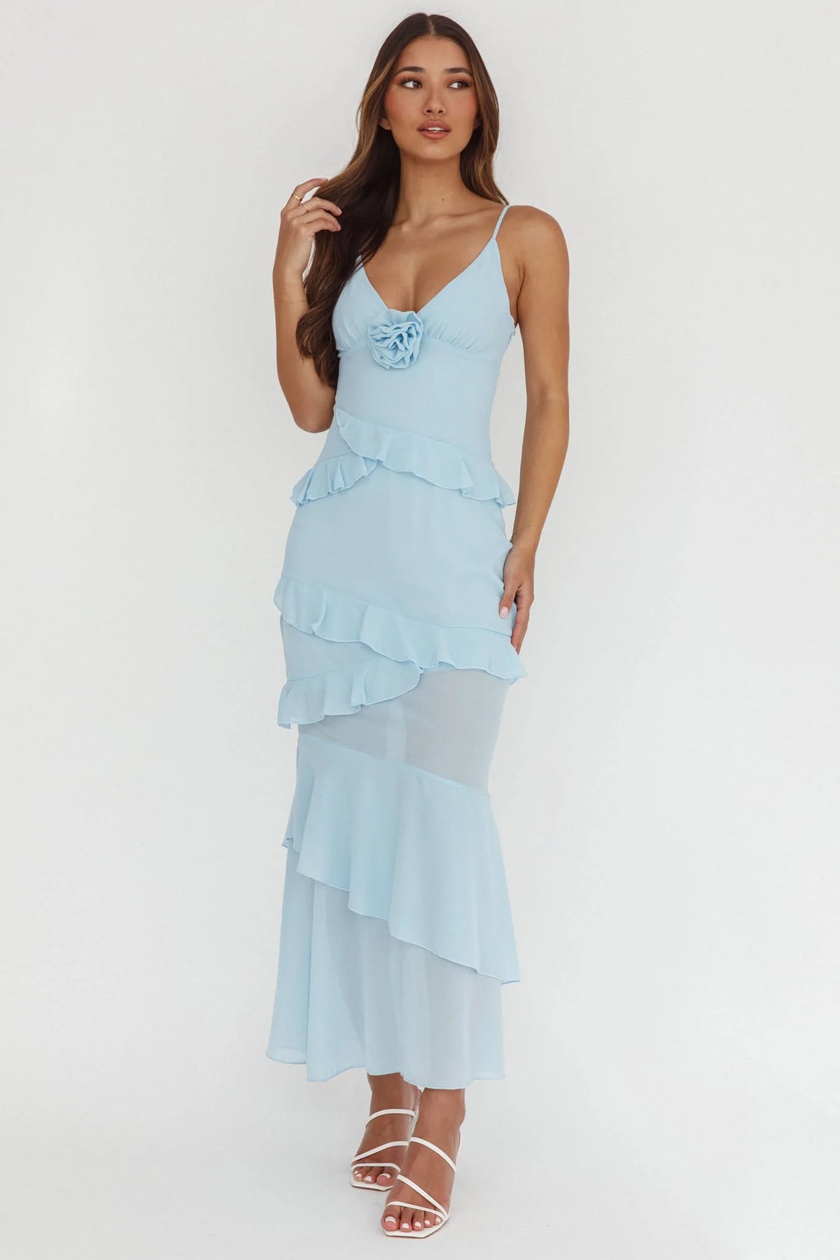Marlie Frill Trim Rosette Maxi Dress Blue