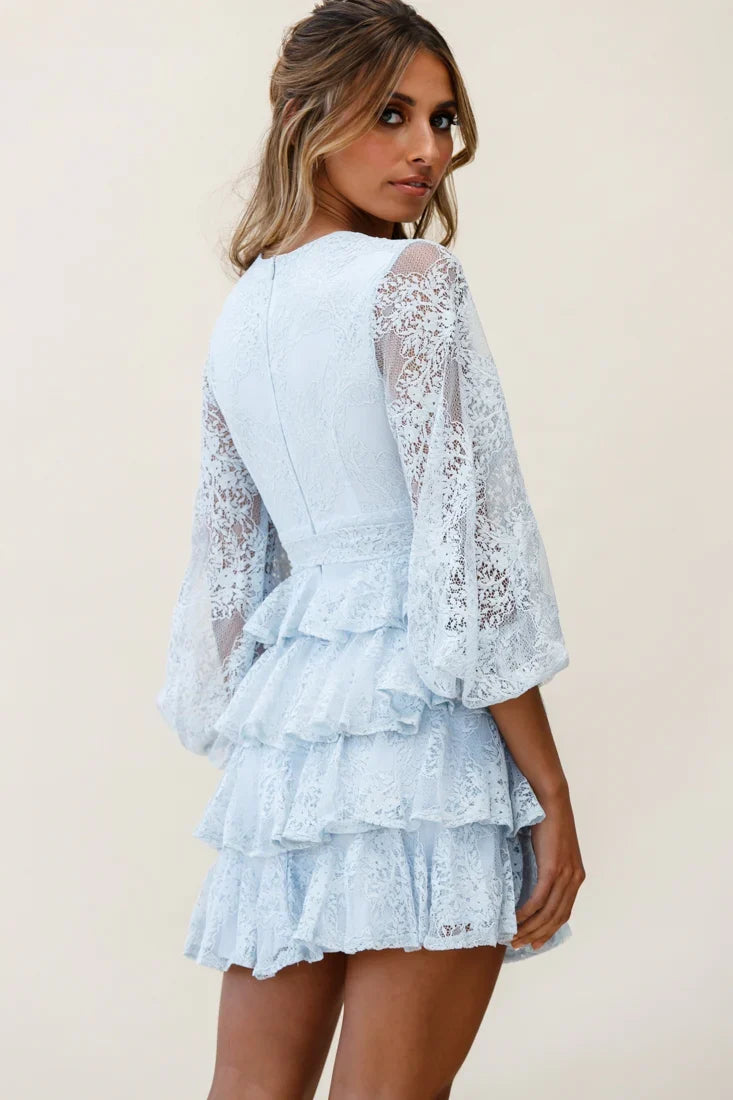Queensland Balloon Sleeve Tiered Frill Lace Dress Steel Blue