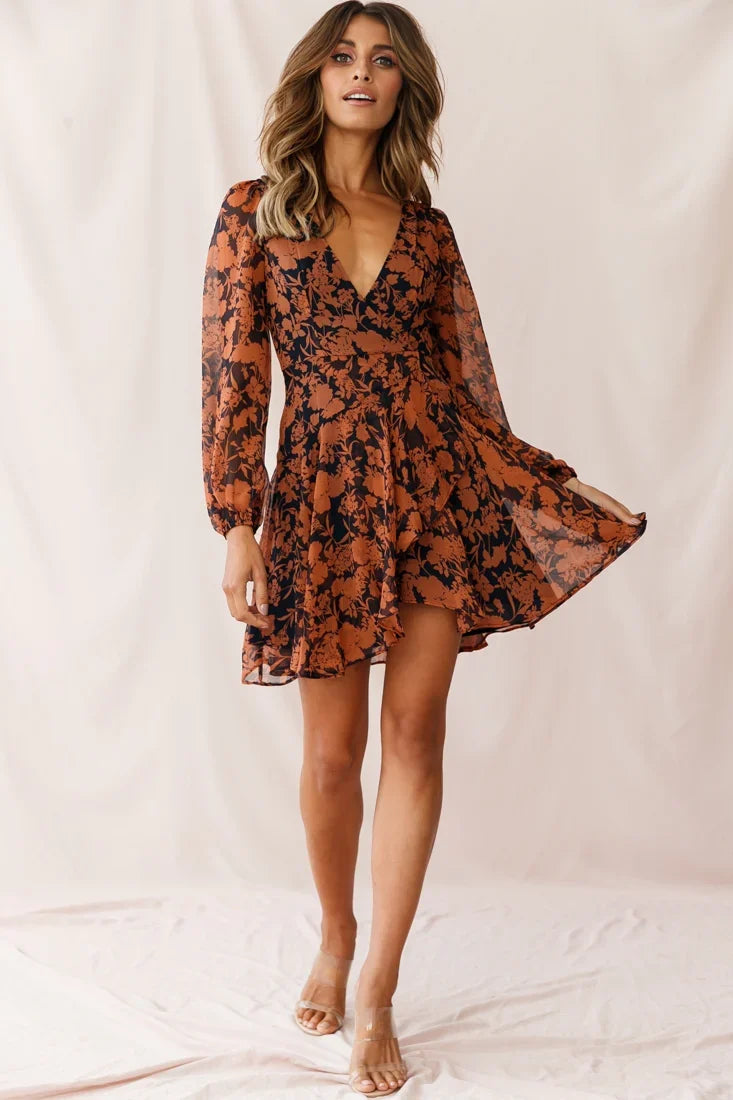 Wisteria Lane Long Sleeve Tea Dress Floral Print Navy