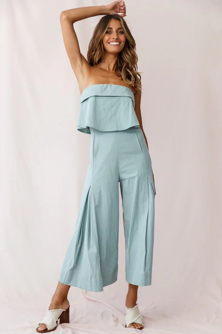 Saturday Layered Bandeau Wide Leg Capri Jumpsuit Sage