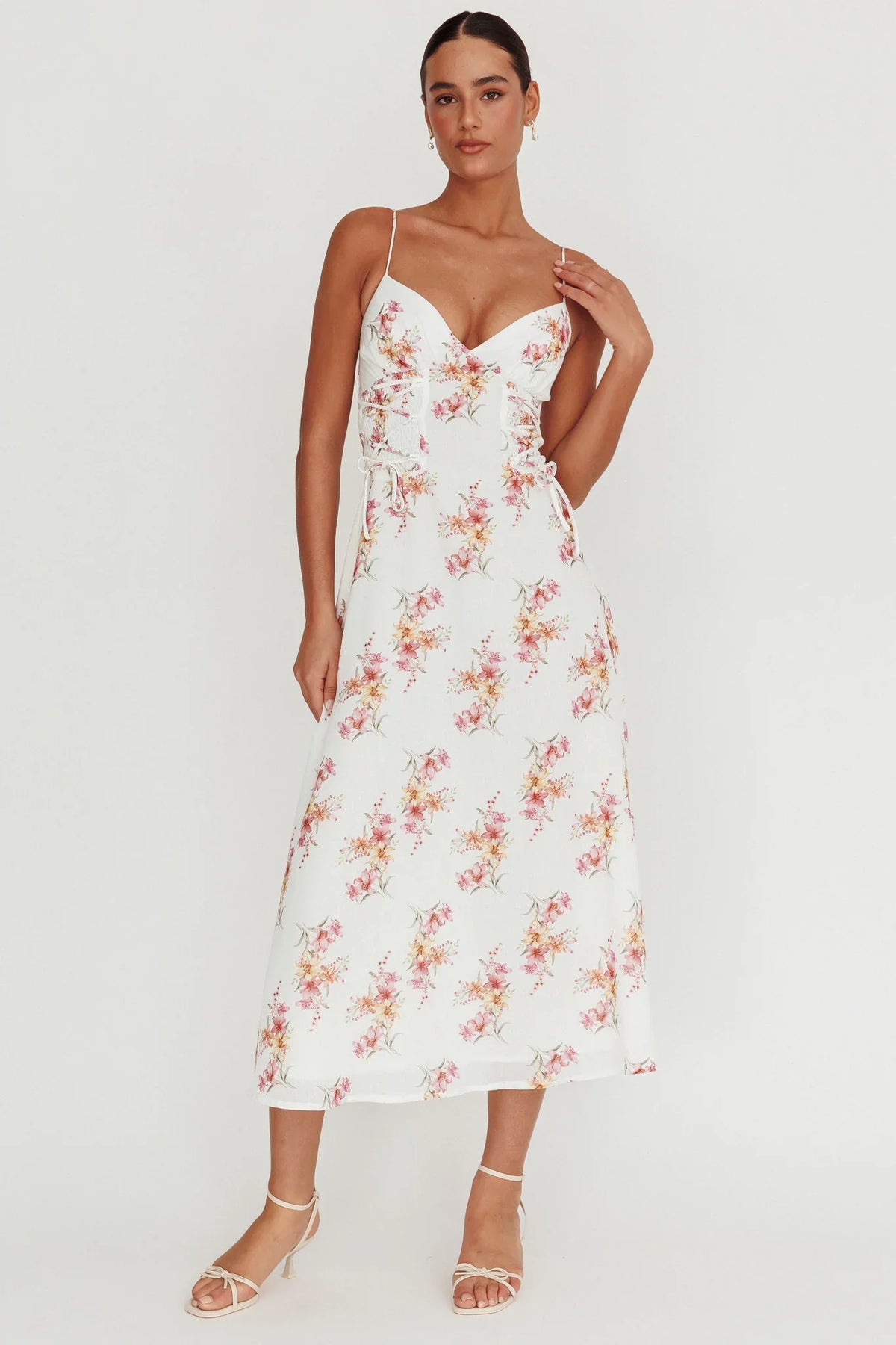 Kalaya Lace-Up Waist Midi Dress Floral