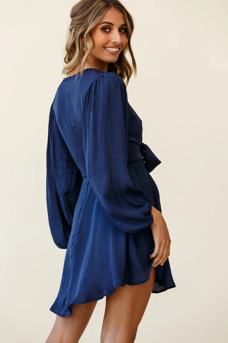 Madison Bow Tie Bust Balloon Sleeve Dress Navy